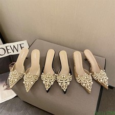 Women's Pearl Embellished Pointed Kitten Heel Mules Bridal Wedding Dress Shoes