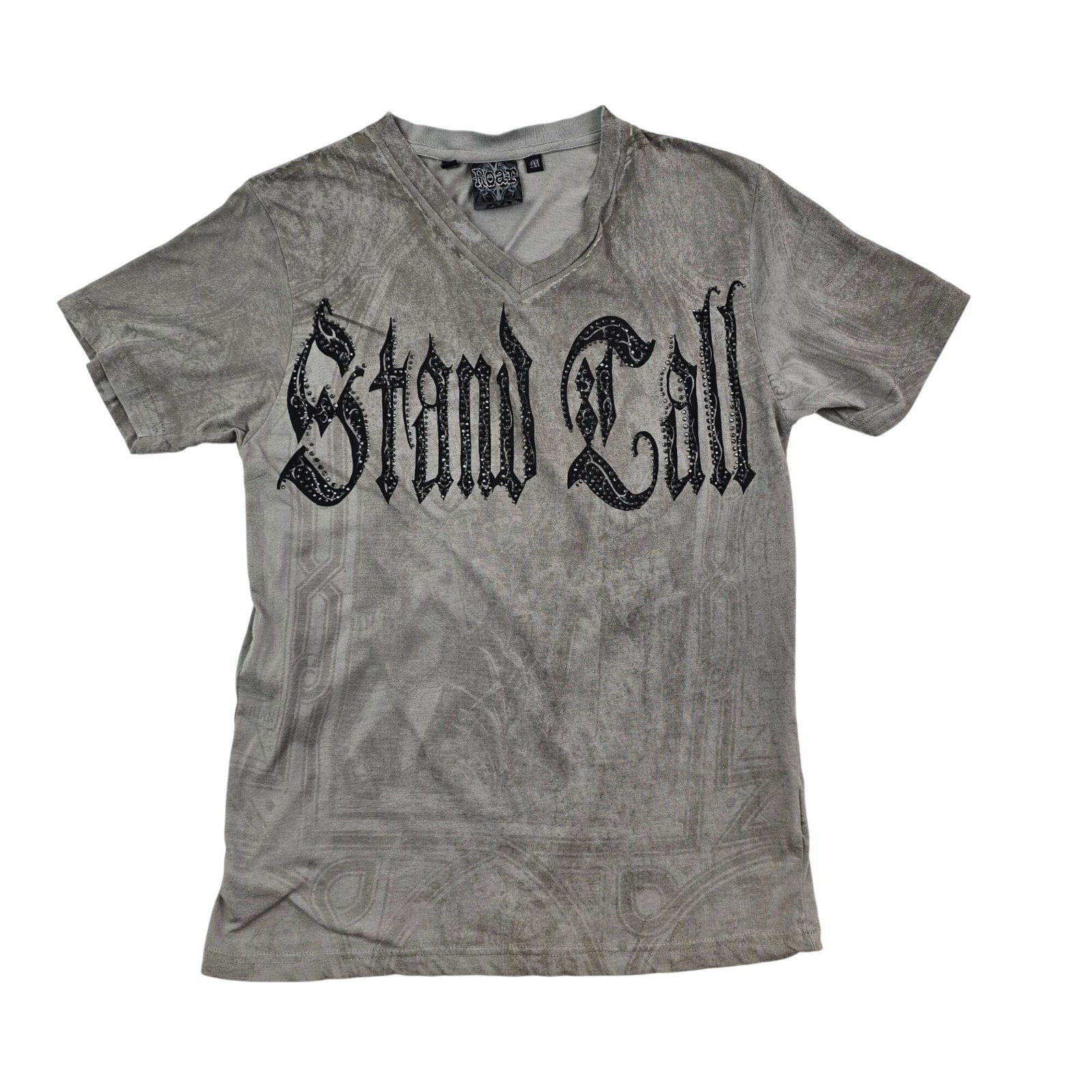 Roar Mens Stand Tall Graphic T-Shirt Gray V-Neck Size M Embellished Front & Back