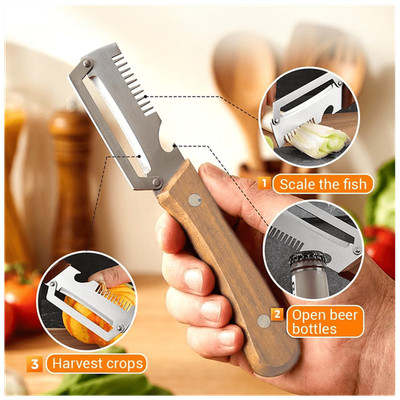 3-in-1 Multifunctional Peeler Stainless Steel Grater Slicer Wooden Handle Opener
