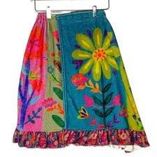 Natural Life Floral Patchwork Print S/M Ruffle Hem Towel Wrap Teal Flowers
