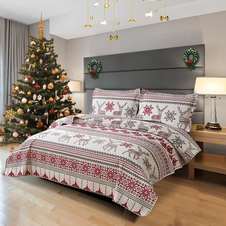 Juego de edredón de Navidad tamaño doble 3 piezas colcha de Navidad cubrecama con reno P... Foto 2 de 4
