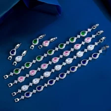 CZ Blue Pink Green TearDrop Tennis Chain Link Bracelet Women Charming Jewelry