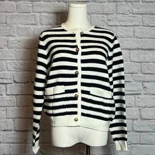 Anrabess Black White Striped Cardigan Sweater Gold Buttons Women's S