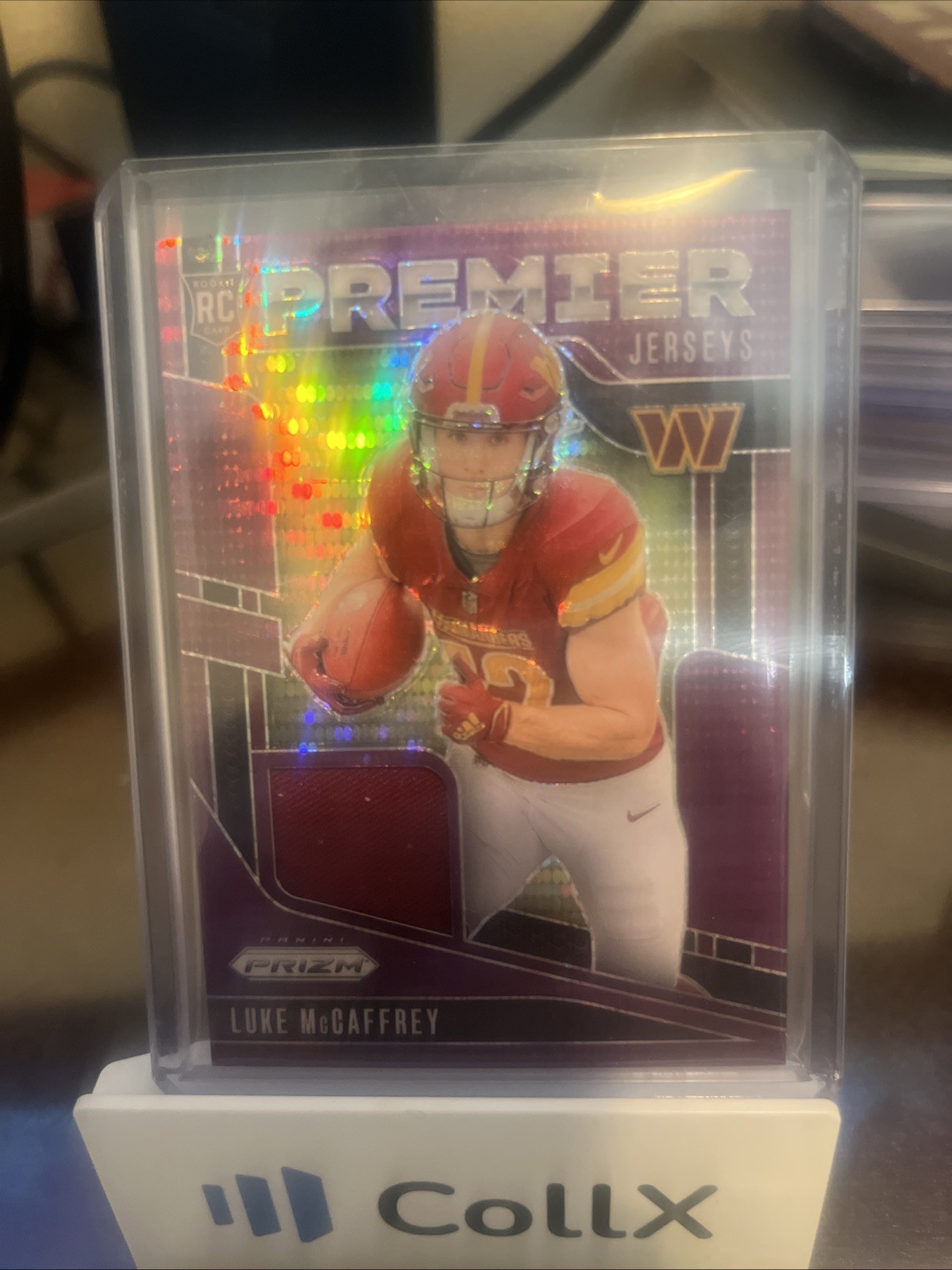 2024 Prizm Luke McCaffrey Premier Jerseys RC Purple Pulsar Rookie #PJ-LMY