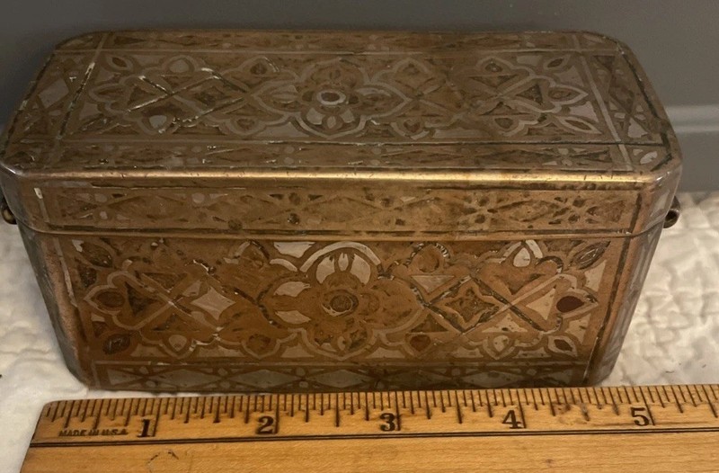 Antique Brass & Silver? Betel Nut Box Philippines Carved Floral 5” Hinged As Is.