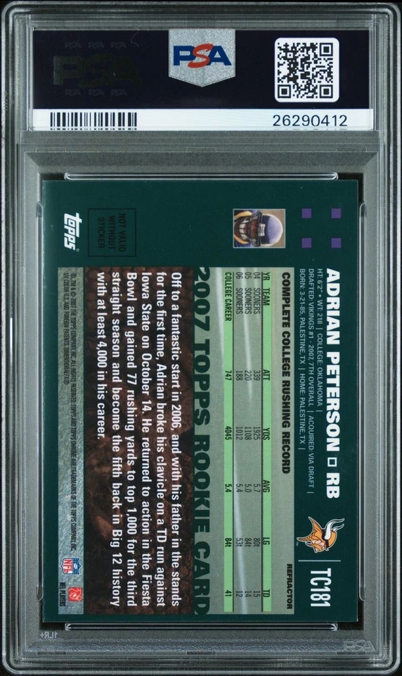 2007 Topps Chrome Adrian Peterson Refractor Misprint “Not Valid Without Sticker” - Image 2 of 2