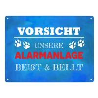 Vorsicht Unsere Alarmanlage BeißT & Bellt Metallschild XXL In 28X38 Cm In Blau
