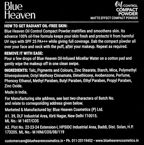 Blue Heaven Oil Control Compact Powder for All Skin types,SPF 25,Matte Finish,8g - Picture 3 of 6