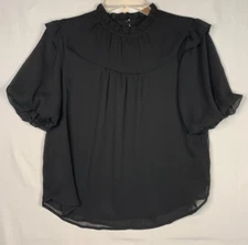 LOFT Womens Ruffle Neck Balloon Sleeve Top Petite S Black Whimsygoth Flowy NWT