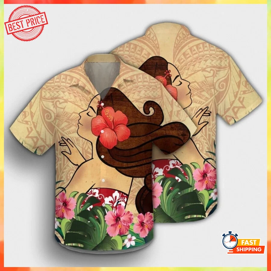 Hula Girl And Hibiscus Hawaiian Shirt Button Tee Short-Sleeve Size S-5XL