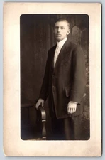 RPPC Vintage Old Antique Real Photo Postcard Picture Man Suit Coat Tie Chair AZO
