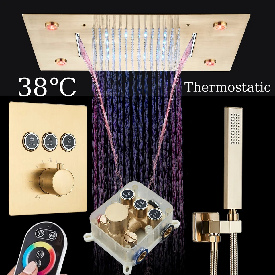 Thermostat Unterputz Duscharmatur set Gold LED Regendusche Kopfbrause mit ibox