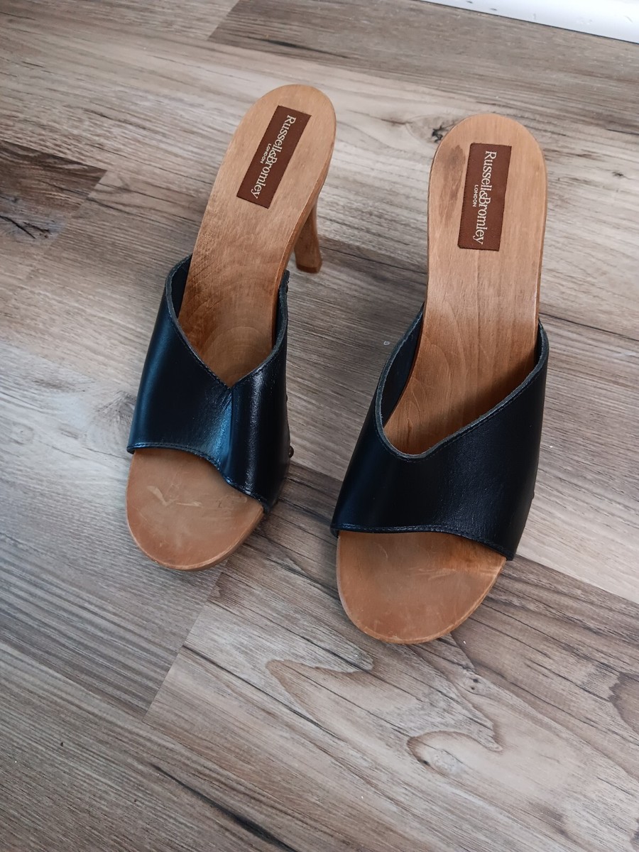 RUSSELL Bromley Sandals Women's 41 Black Leather Wood Sole Made