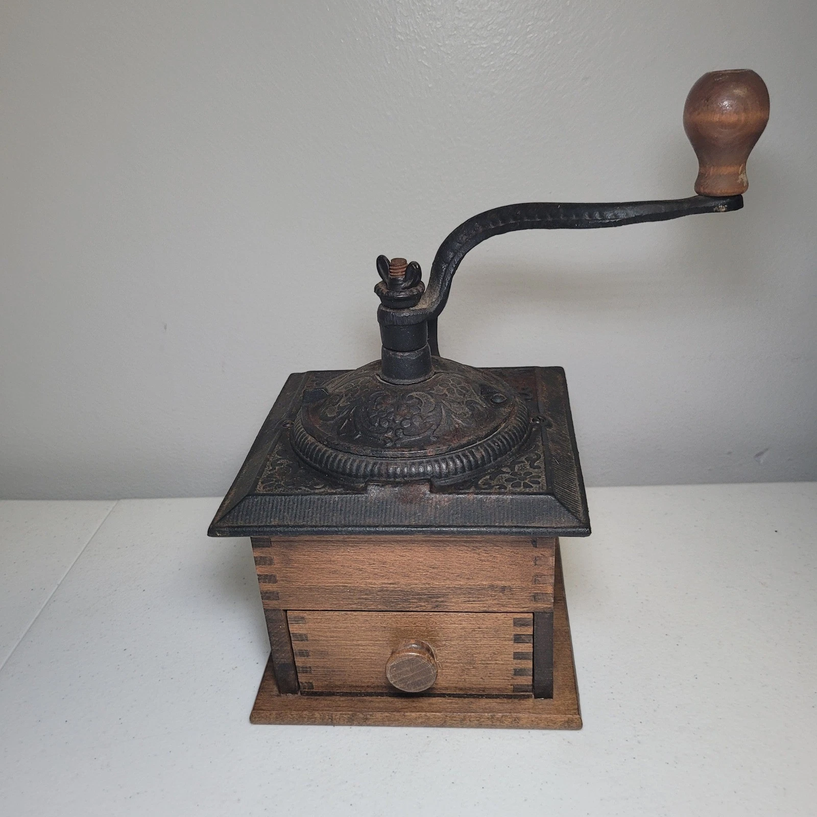 Antique Coffee Grinder Wood Box Cast Iron Hand Crank Floral Embossed