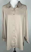 SUSAN GRAVER L/S 'Stretch Peachskin Button Front Big Shirt' - 1X, Sand