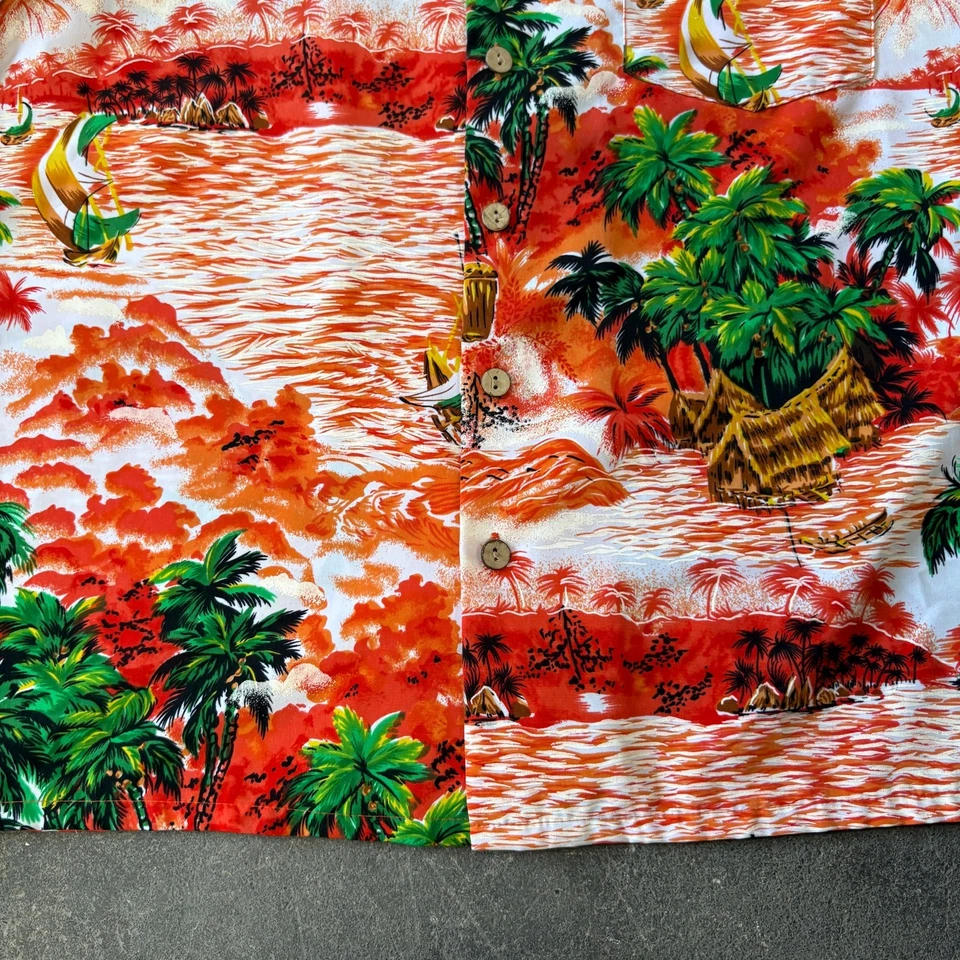 Camisa Hawaiana Kennington De Colección Para Hombres L Naranja Rojo Verde Palm Beach Vacaciones Foto 3 de 4