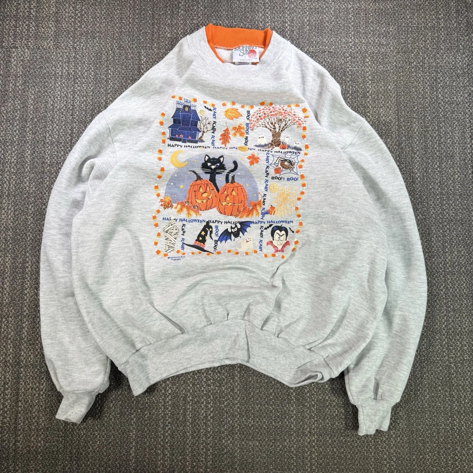 Vtg Morning Sun Jerzees Granny Halloween Sweatshirt XL Pumpkin Black Cat 80s USA