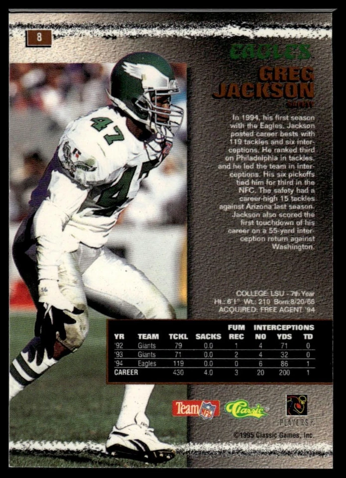 1995 Pro Line #8 Greg Jackson Silver - Image 2 of 2