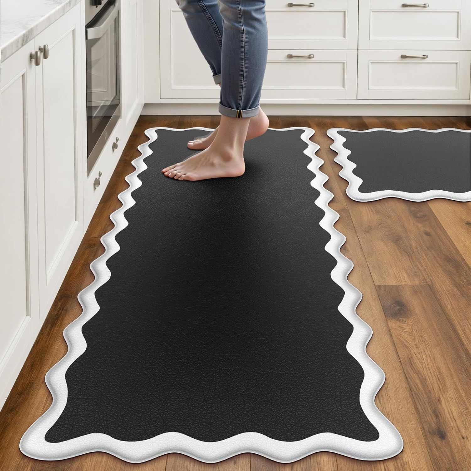 Scalloped Black White Kitchen Mats Rugs Sets of 2 Cushioned anti Fatigue Floor M