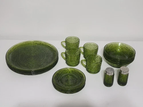 Vintage 18 Piece Anchor Hocking Soreno Glass Avocado Green MCM Plates Bowls Cups
