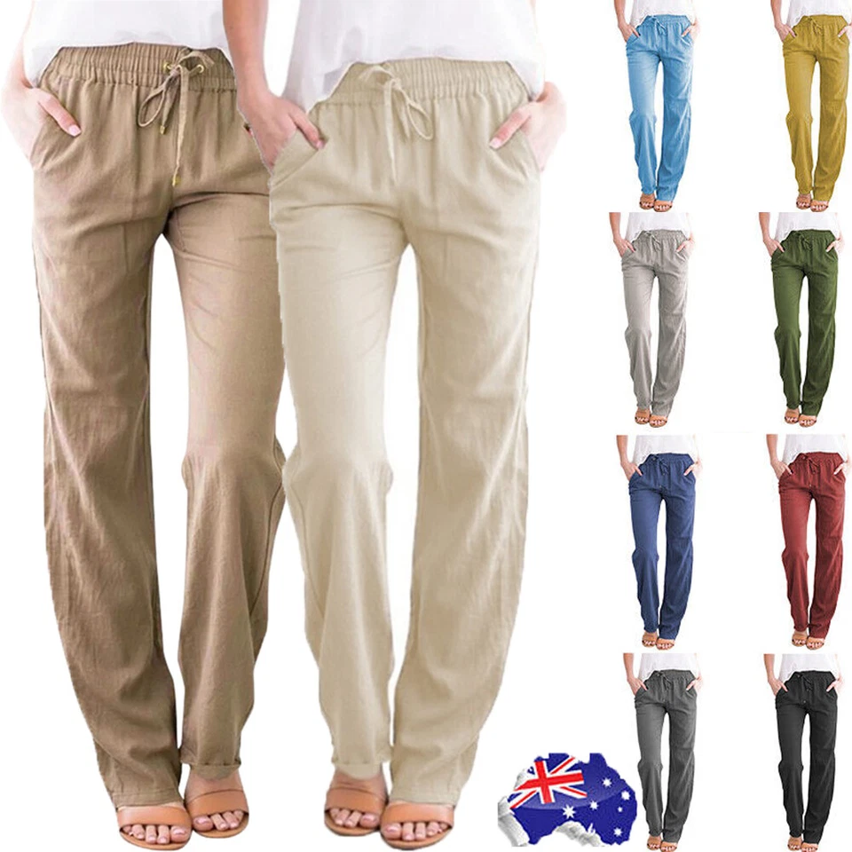 Womens Cotton Linen Drawstring Pants Elastic Waist Casual Jogger Yoga Pants