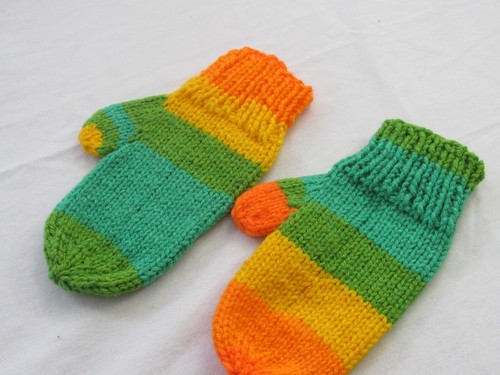 Hand Knit Mittens Kids Children's Youth Orange Yellow Green Olive - Picture 2 of 3
