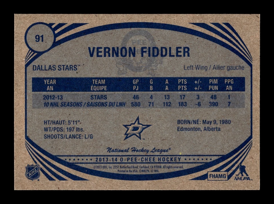 PWE READ stock photo . 2013-14 opc o-pee-chee retro #91 vernon fiddler - Image 2 of 2