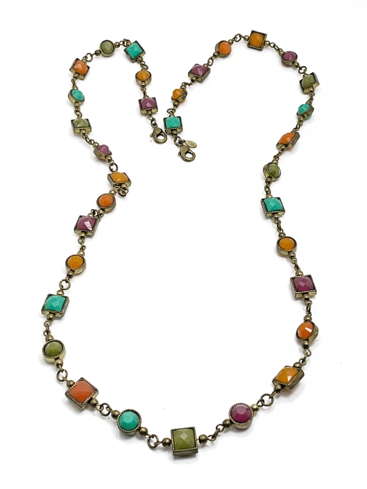 Collar Premier Designs 34" Tono Joya Bronce Púrpura Verde Naranja Bisel Cuentas Foto 4 de 4