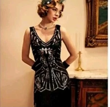 BABEYOND All Over Sequins Beaded Fringe Hem Sleeveless Cocktail Dress L NWT