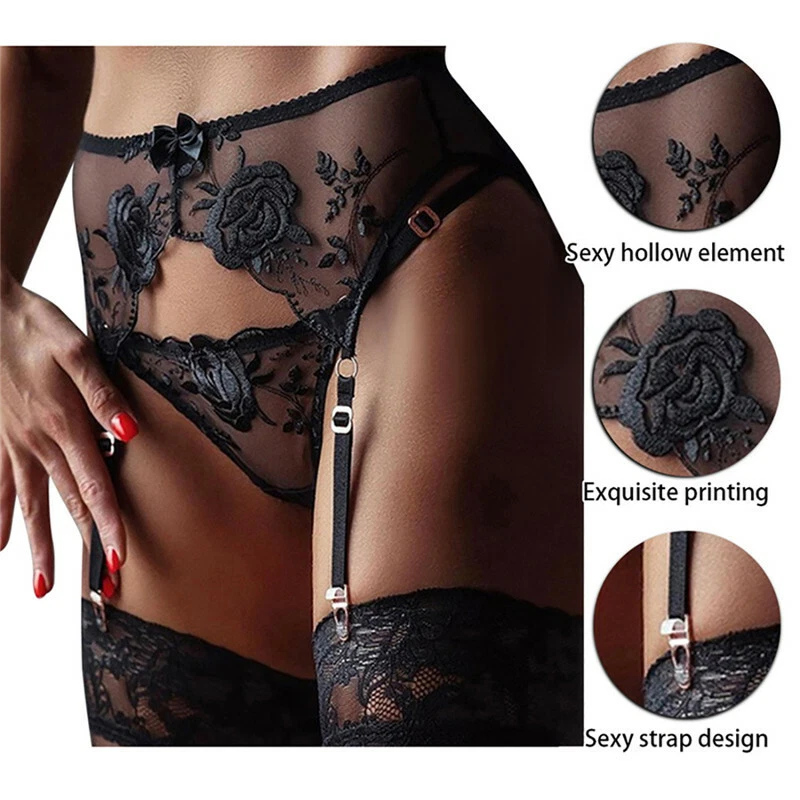Mujeres Encaje Floral Liguero Ajustable Sexy Cinturón con Tirantes + Tanga Transparente Foto 2 de 4