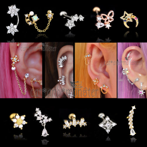 Multicolor GEM Ear Climber Stud Ring Bar Cartilage Helix Conch Piercing Earring - Picture 1 of 127