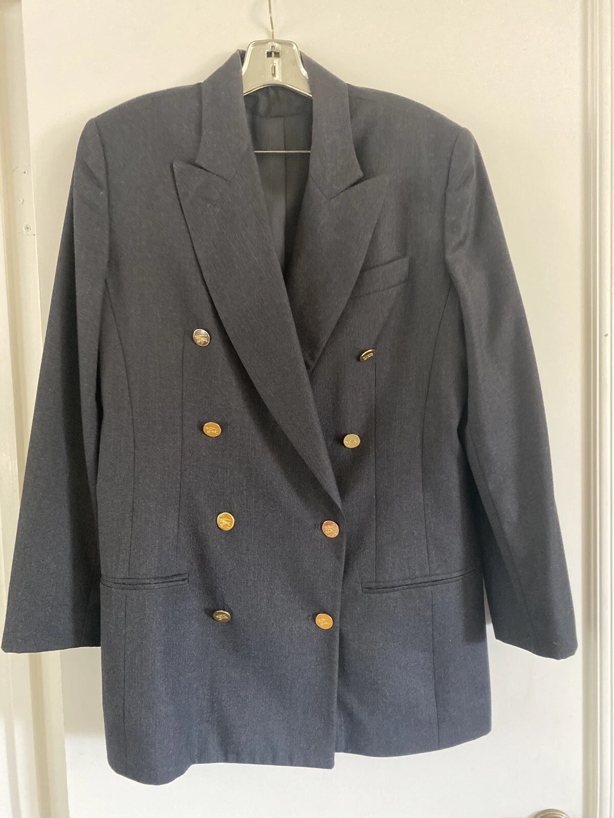 Blazer in lana doppio seno grigio antracite Burberrys taglia 12 vintage da donna in perfette condizioni