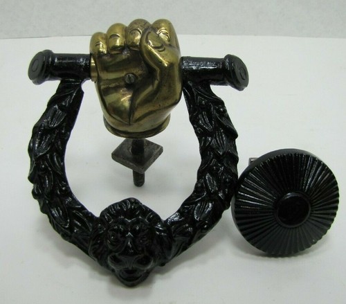 HAND FIST WREATH LIONS HEAD Old Door Knocker Cast Iron Brass Hardware Element - Picture 2 of 12