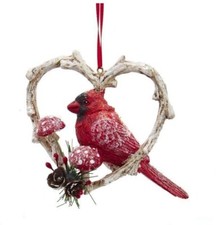Kurt Adler Cardinal in a Birch Heart Christmas Ornament--Facing Left