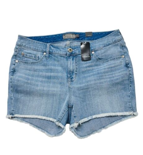 Torrid 14 Mid Rise Denim Shorts Blue Light Wash Stretch Frayed Hem NEW