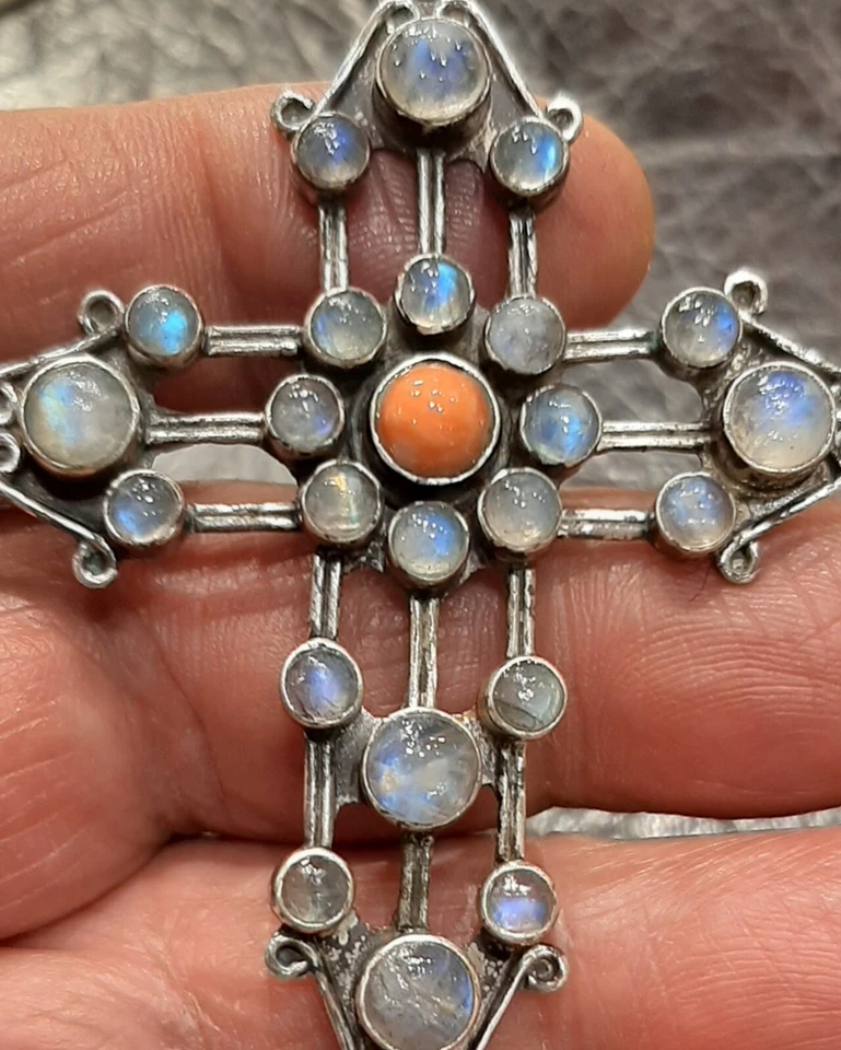 Antico-croce- Crocefisso- pettorale-argento Corallo E Pietra Di Luna - Immagine 3 di 4