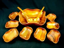 Genuine Monkey Pod Wood 11 Pc Salad Set w/ Serving Bowl /Tongs & 8 Salad Bowls