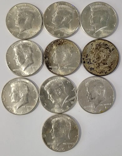 1964 Kennedy Half Dollar  10 Coin Lot 90% Silver, Some High Grade
