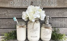 Painted Mason Jar Bathroom Decor Set, Soap Dispenser, Brush Holder