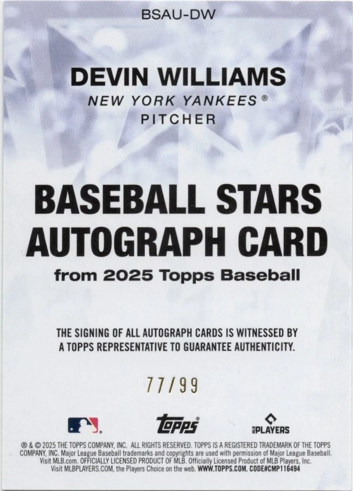 2025 Topps Update Series Devin Williams Baseball Stars Autograph Green 77/99 - Image 2 of 2