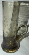 Vintage Blown Etched Amber Shot Glass Shooter Weighted Base Applied Handle USA