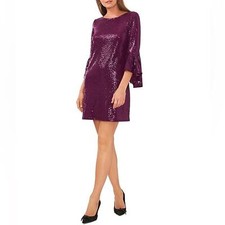 Vince Camuto Metallic Flounced-Sleeve Dress - Plum - Large