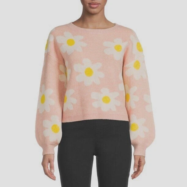 Dreamers by Debut Womens Daisy Flower Pullover Sweater Pink X