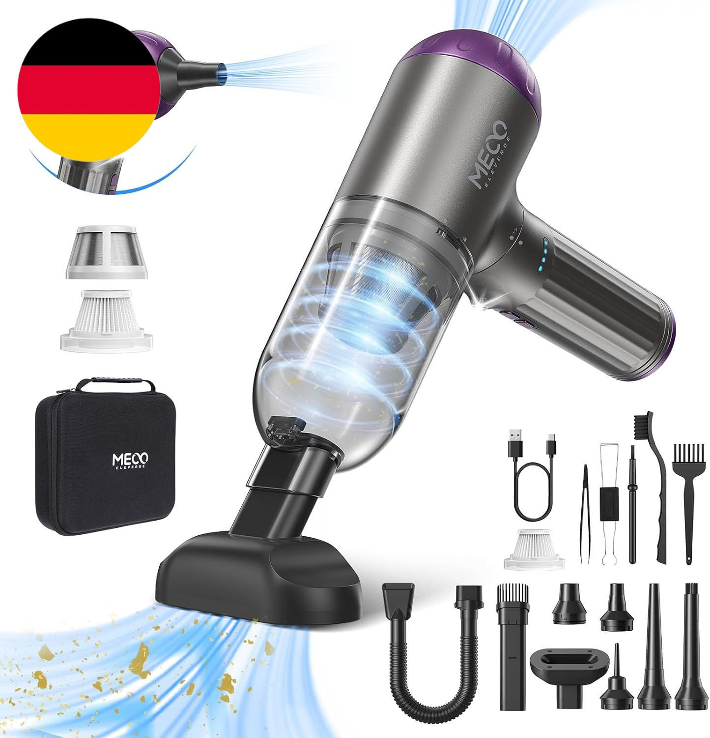 MECO ELEVERDE 4-In-1 Auto Staubsauger Stark, 18Kpa Mini Handstaubsauger Akku Kab