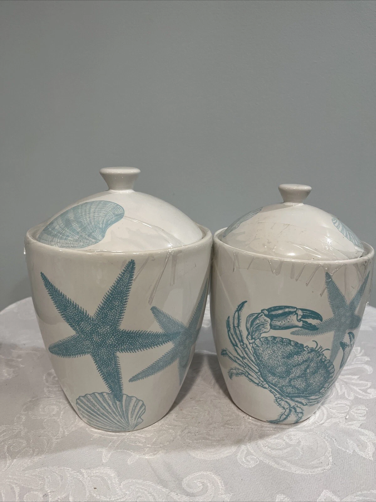 222Fifth Coastal Life Blue 2 New Seashell Canisters with lids NEW