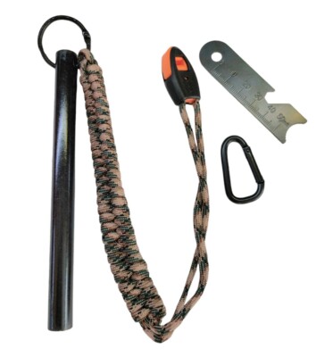 Survival Ferrocerium Rod6×1/2'' mit Paracord Schlüsselband, Schlüsselring, Karabiner + Pfeife
