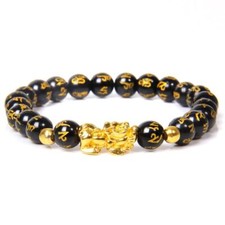 Black Feng Shui Bracelet - Obsidian Beads Wealth Bracelets Gold Color Writing