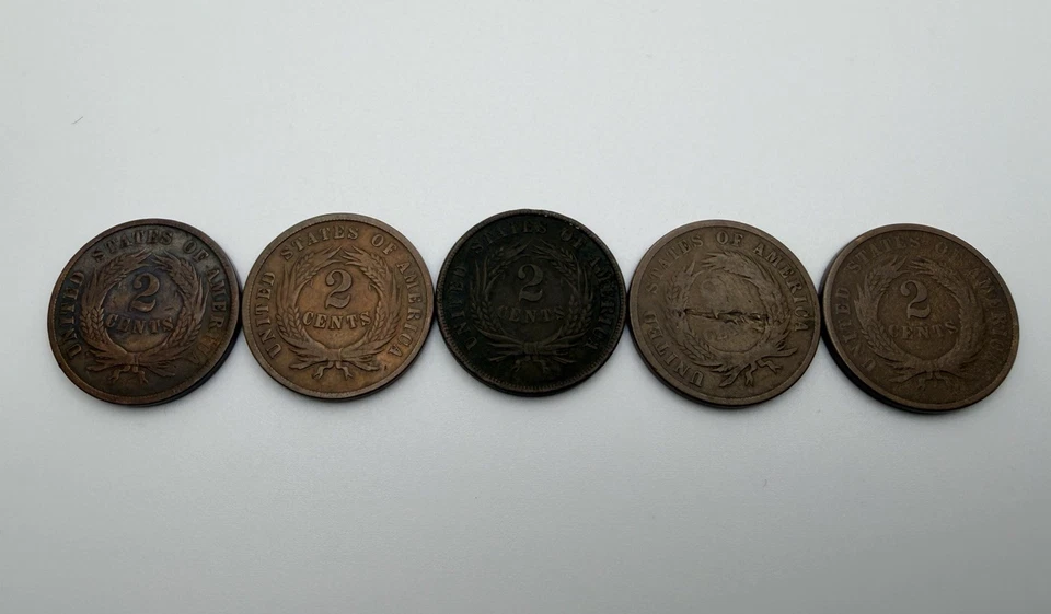 1864-68 Shield 2 Cent - 5 Coin Lot - Civil War Era Dates - F-VF - Image 3 of 3