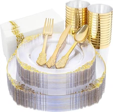 Nervure 175PCS Clear Gold Plastic Plates - Gold Disposable Dinnerware Set for 25