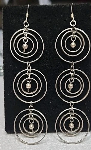 Vintage Sterling Silver 925 Interlocking 3 Ring Long Dangle Earrings Boho 2.5"